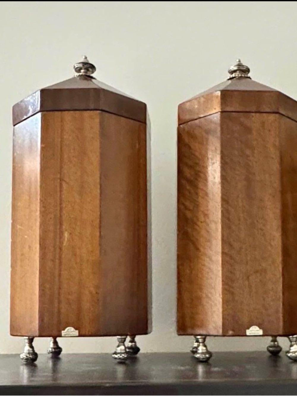 Pair of Vintage Maitland Smith Wooden Canisters with Sterling Silver Feet